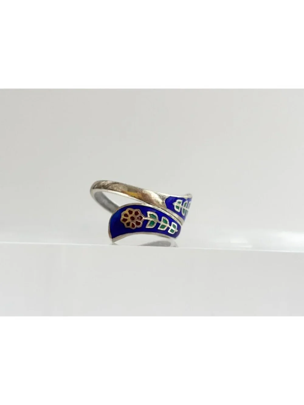 Cloissone Enameled Floral Made Wrap Sterling Silver 925 Vintage Ring - sz 4